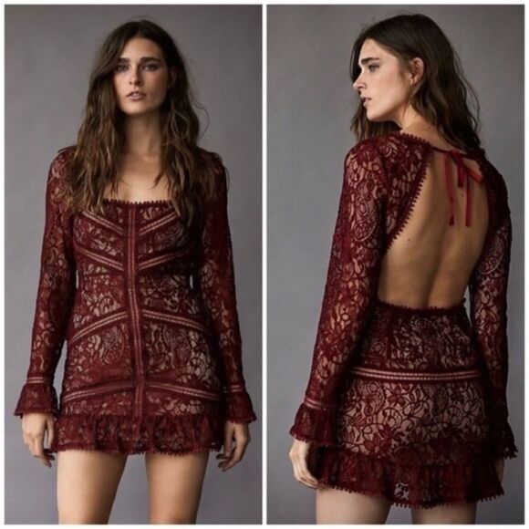 NWT For Love and Lemons Emerie Mini Burgundy Red Dress Lace Long Sleeves Size S - Picture 1 of 10